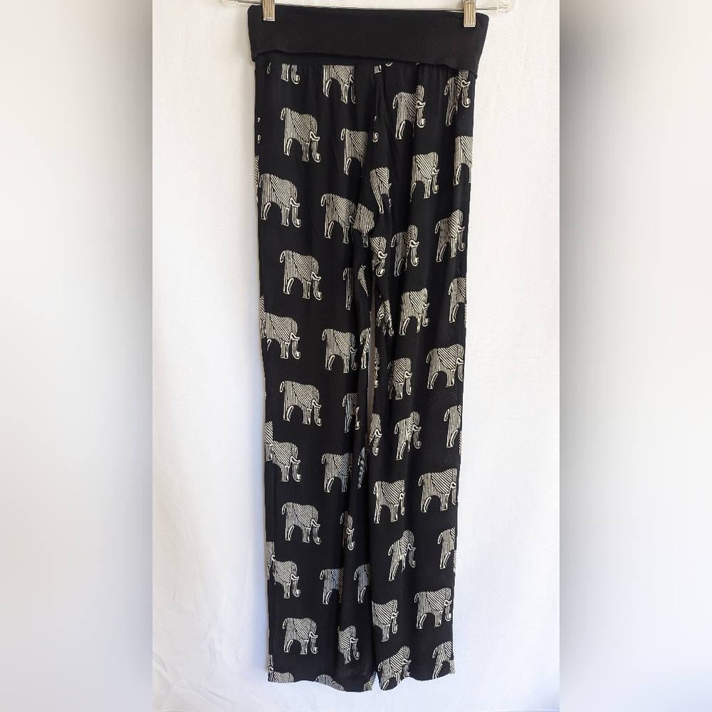 Women's Small Black Elephant Print Summer Pants Retreat Yoga Spiritual Thin